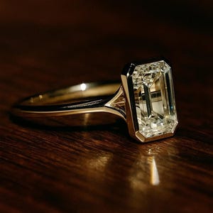 Könnte beinhalten: Ein goldener Ring mit einem großen, rechteckigen Diamanten im Smaragdschliff. Der Diamant ist in einer Zargenfassung gefasst, und das Band ist dünn und poliert. Der Ring wird auf einer dunklen Holzoberfläche präsentiert, die das Licht reflektiert.