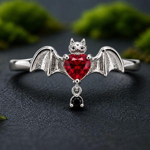 14K Solid Gold Gothic Bat Ring, Ruby Heart Engagement Ring, Vampire Ring, Halloween Jewelry, Bat Wing Promise Ring, Gift For Her