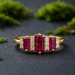 Anello con rubino in oro massiccio 18 carati, anello solitario taglio baguette in oro vintage, anello con rubino rosso e diamanti, regalo per lei, anello da sposa con tre pietre preziose