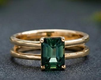 Emerald Cut Teal Sapphire Engagement Ring, Sapphire Double Band Ring, Solitaire Wedding Ring, Single Stone Promise Anniversary Ring for Her