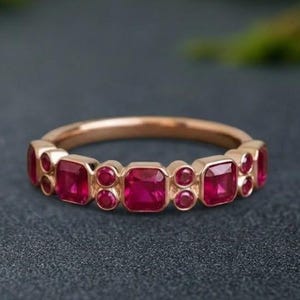 14k gouden halve eeuwigheid prinses geslepen robijnrode ring, robijnrode trouwring, vierkante robijnrode verlovingsring, jubileumring set band voor vrouwen