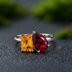 Toi et Moi Ring, Pear Cut Ruby & Radiant Citrine Engagement Ring, Two Stone Wedding Ring, 14k Gold Multi Gemstone Ring, Unique Gift for Her