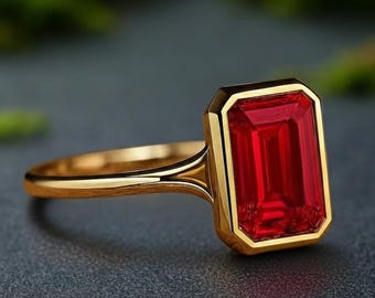 Anel de noivado com rubi lapidado em esmeralda, anel de ouro amarelo maciço 14k, lindo anel feito à mão com pedra preciosa vermelha, anel de rubi com engaste, presente para ela
