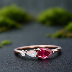 Ruby Fire Opal Ring, 14K Gold Three Stone Ring, Pear Cut Promise Ring, Handmade Gemstone Ring, Dainty Celestial Jewelry Gift