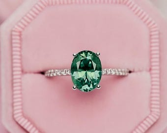 Teal Sapphire Ring, Oval Cut Sapphire Engagement Ring, Dainty Gold Diamond Cluster Ring, Green Gemstone Genuine Design Ring, Ring For Women