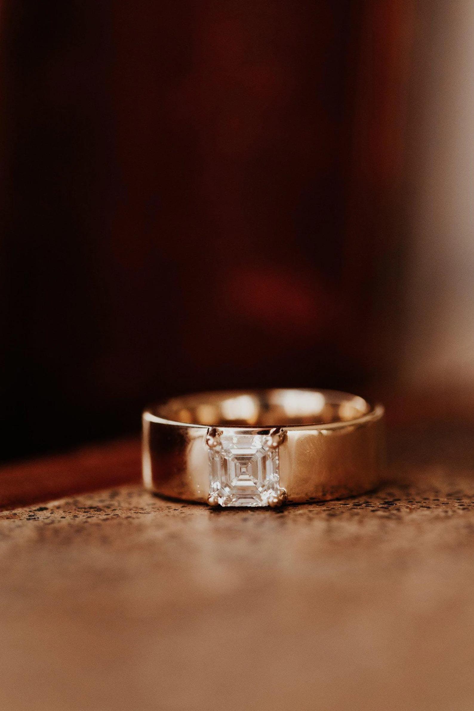 Asscher Cut Moissanite Solitaire Ring: Thick Band Wedding Jewelry