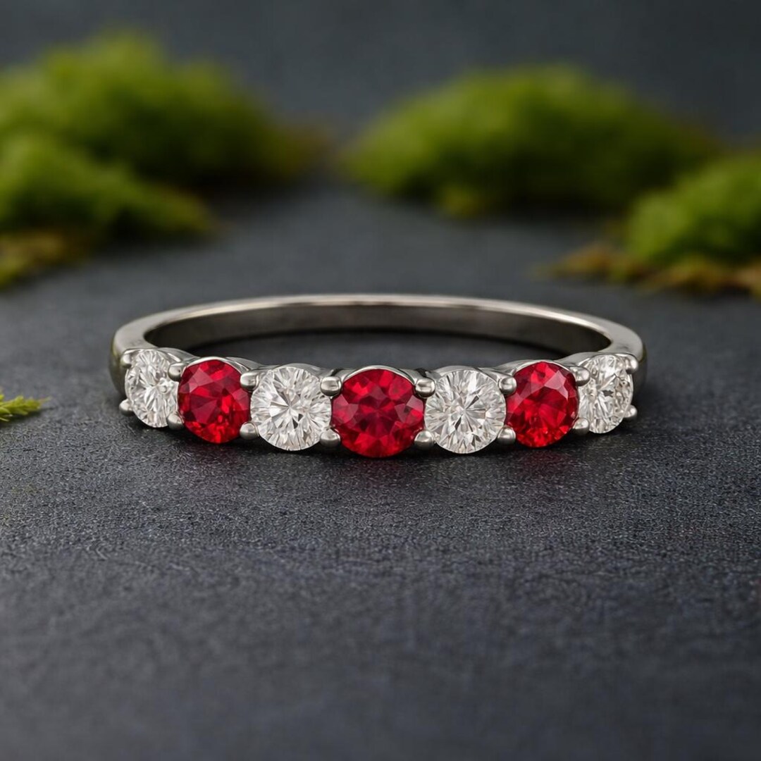 Ruby Diamond Wedding Band Half Eternity Matching Ring July Birthstone ...