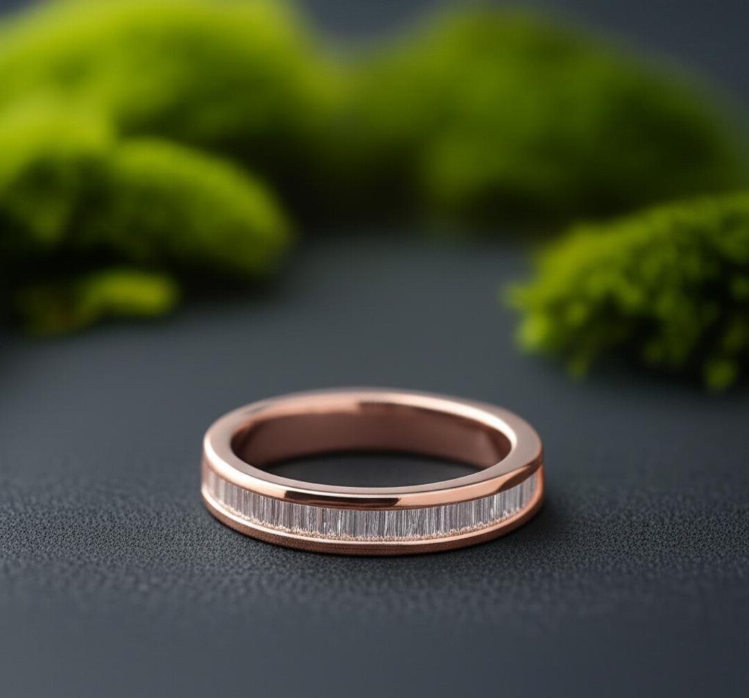 Baguette Cut Moissanite Bezel Set Wedding Band, Half Eternity Wide Band ...