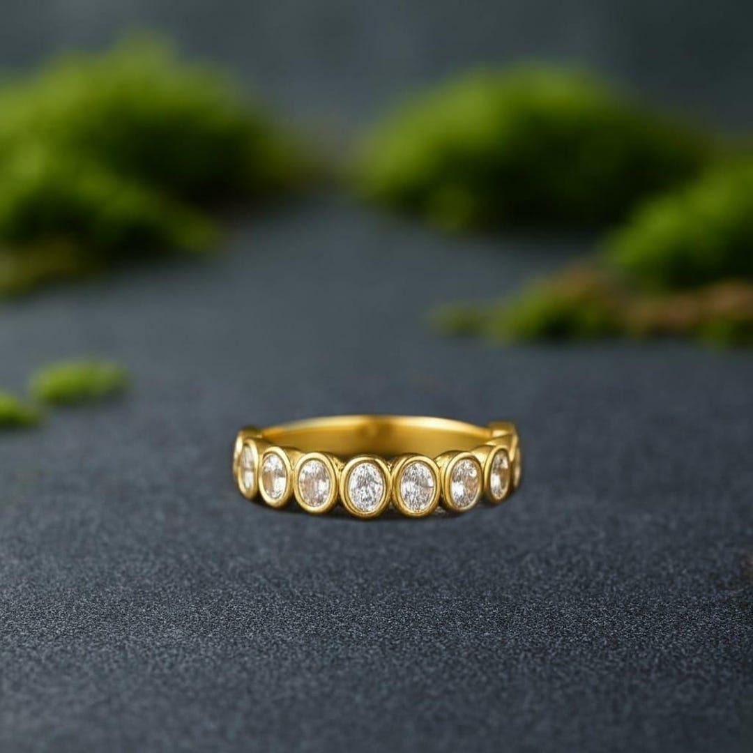 14k Gold Half Eternity Oval Cut Moissanite Band, Diamond Wedding Band ...