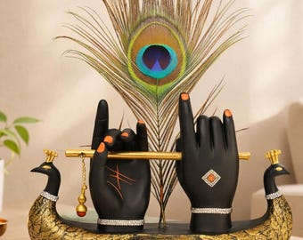 Handmade Krishna Hands Statue with Flute, Peacock Feather, Spiritual Decor