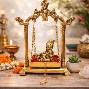 gold plated laddu gopal jhula statue for home temple decor