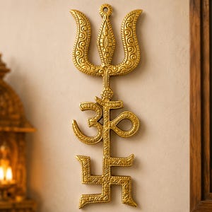 Trishakti Yantra Messing Trishul Om Swastik Wandbehang, hinduistische spirituelle Kunst, 8 Zoll