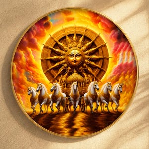 Surya Dev Wall Art, Seven Horses Sun God Decor, 16 Inch Round