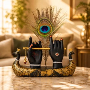 Estatua de la mano de Krishna con flauta, ídolo de pluma de pavo real, escultura espiritual hindú en oro negro.