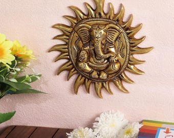 Handmade Solid Brass Ganesha Sun Wall Hanging, Indian Spiritual Decor, Boho Home Accent