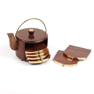 Handcrafted Wooden Coaster Set – 6 pcs | Kettle Shape Coaster Set | Drink Coasters for Home & Kitchen Decor