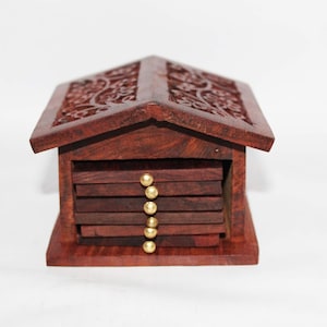 Wooden Coaster Set of 6 – Natural Wood Drink Mats | Table Protection & Gift Idea | Handmade Hut Shaped Coaster Set 6