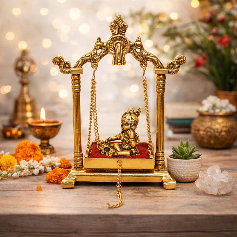 gold plated laddu gopal jhula statue for home temple decor