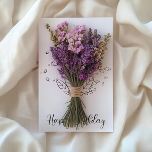Purple Flower Bouquet Birthday Card, Handmade Floral Greeting Card, Elegant Watercolor Happy Birthday Card