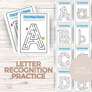 Juego de laberinto del alfabeto imprimible: actividad divertida y educativa de reconocimiento de letras del abecedario para preescolar y jardín de infantes.