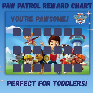 Może przedstawiać: Prostokątna tabela nagród Paw Patrol z tekstem PAW PATROL REWARD CHART, YOU'RE PAWSOME! oraz PERFECT FOR TODDLERS!. Tabela przedstawia postacie z serialu, niebieskie niebo oraz trzy rzędy ciemnofioletowych kwadratowych pól.