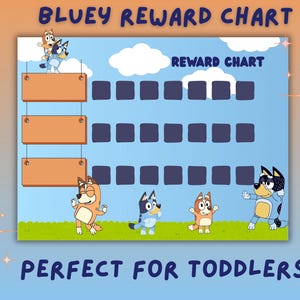 Puede incluir: Tabla de recompensas de Bluey con personajes de la serie animada. Fondo azul con zona de césped verde. El texto incluye "Bluey Reward Chart" y "Reward Chart". El texto inferior dice "Perfect for Toddlers!"