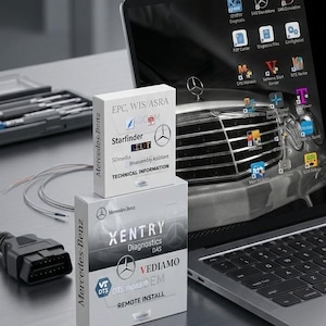May include: Two white software boxes labeled Mercedes-Benz with text including EPC, WIS/ASRA, Starfinder, XENTRY Diagnostics DAS, and VEDIAMO. A silver OSCOO USB flash drive with dual connectors sits nearby, alongside a black OBD2 diagnostic connector.