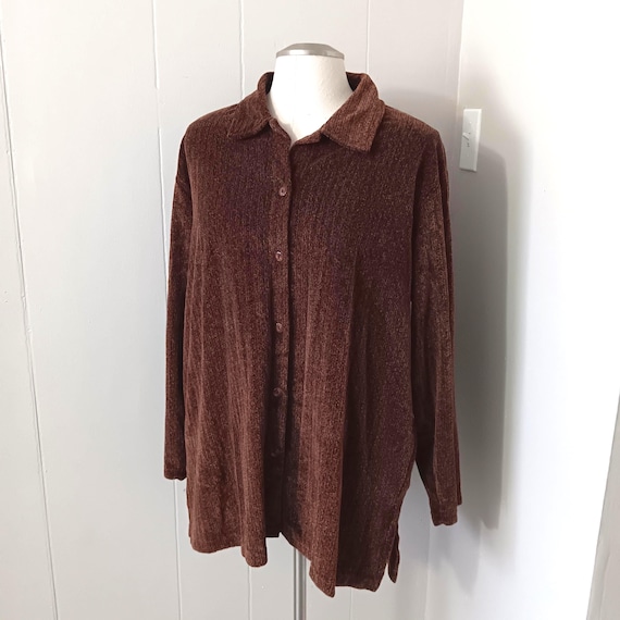 Vintage 2000s Jason Maxwell Speckled Brown Button-Down Shirt – Size 2X – Velvet-Feel Fabric – Marble Buttons – Cotton/Poly Blend