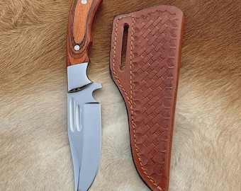 Handcrafted D2 Steel Hunting Knife | Elegant Pakka Wood Grip | Mirror Finish Blade | Leather Cover