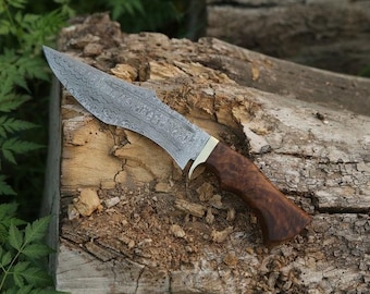 Cuchillo de caza de Damasco hecho a mano, cuchillo de supervivencia de espiga completa, cuchillo con mango de nogal, cuchillo de camping, equipo para actividades al aire libre.