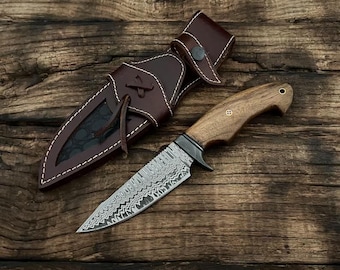 Handmade Damascus Bushcraft Hunting Knife | Outdoor Camping & Survival Knife | Rosewood Handle | Leather Sheath Included