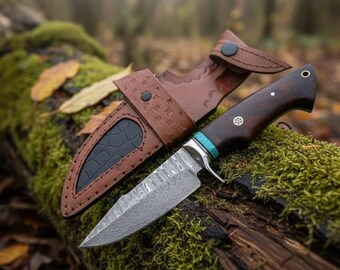 Handmade Damascus Hunting Knife | Full Tang Survival Knife with Walnut Handle  Bushcraft Camping Gift