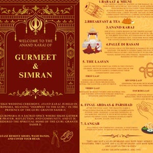 May include: A maroon wedding invitation with gold detailing, featuring English and Punjabi text. The design includes traditional Sikh symbols and details the Anand Karaj ceremony, with sections on the Laavan and Ardaas.