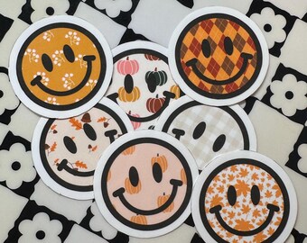 Esthetische herfst vinyl stickers met smileygezicht | Esthetische vinylstickerpakketten voor de herfst