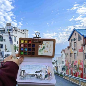 Conjunto de viagem com 15 cores, caixa de tinta portátil, paleta pequena de aquarela de madeira, mini caixa de tinta aquarela, suprimentos portáteis para pintura em viagem