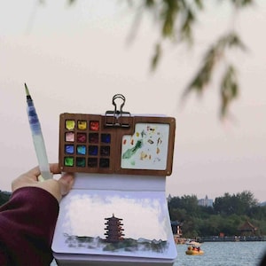 Conjunto de viagem com 15 cores, caixa de tinta portátil, paleta de aquarela, caixa de nogueira, caixa magnética dobrável para aquarela, suprimentos para aquarela, presentes para pintores