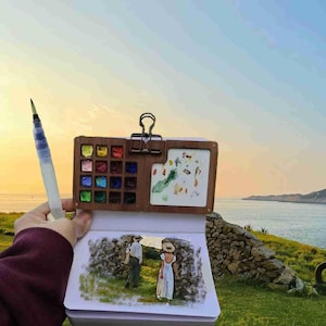 Conjunto de viagem com 15 cores, caixa de tinta portátil, paleta de caderno de desenho portátil, estojo de tinta de viagem, presente para pintores e artistas, bandeja de mistura com clipe