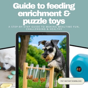 May include: A digital guide titled "Guide to feeding enrichment & puzzle toys" with a step-by-step guide to making mealtime fun, challenging & healthy. The image features a dog interacting with a puzzle toy and a blue dog toy. PDF instant download.
