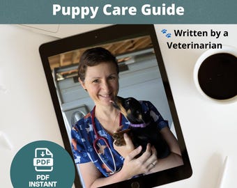May include: A digital tablet displays a guide titled The Ultimate Puppy Care Guide, Written by a Veterinarian. The screen shows a veterinarian in a blue patterned scrub top with a stethoscope, holding a small black puppy with a purple collar.