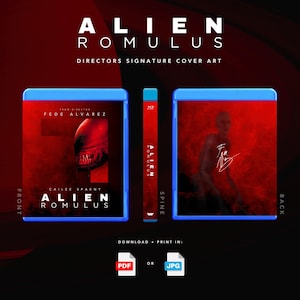 May include: Blu-ray disc case for "Alien: Romulus" with a red and black design. The front cover features a creature's head, the back cover has a figure with a signature, and the spine displays the title. Includes "Directors Signature Cover Art".