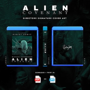 May include: Blu-ray disc case for the movie "Alien: Covenant" with a blue border. The front cover features the movie title and a depiction of the alien creature. The spine and back cover are also visible, along with the director's signature.