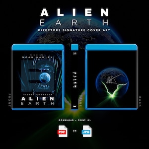 May include: Blu-ray disc case with the title "ALIEN EARTH" in white capital letters. The front cover features a creature's mouth with a planet inside. The back cover shows a planet with a green lightning-like design. The spine is visible.