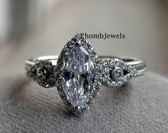 Vintage Marquise Cut Moissanite Engagement Ring for Women, Art Deco Ring, Antique Style