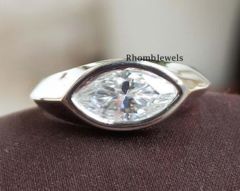 Marquise Cut Moissanite, Engagement Ring, 14K White Gold Ring, Bezel Set Ring, East West Diamond Ring, Minimalist Ring