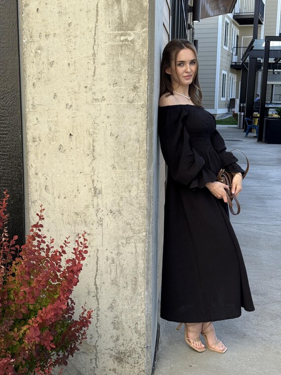 Off Shoulder Black Muslin Dress - Cotton Gauze - Puff Sleeve Boho Dress - Handmade Long Dress - Natural Fabric