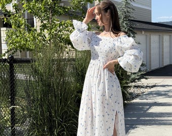 Boho off Shoulder Muslin Dress: Floral Print, Lace Peplum - Etsy