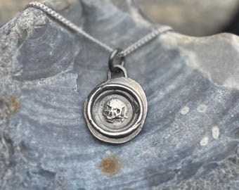 Skull oxidised wax seal silver pendant with chain