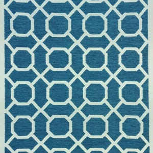 Geometric Flat-Weave Blue Wool Hand woven Reversible Area Rug,