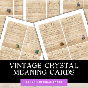 Könnte beinhalten: Vintage Kristall-Bedeutungskarten mit verschiedenen Kristallnamen und -eigenschaften. Die Karten haben eine Vintage-Ästhetik mit beigem Hintergrund und schwarzem Text. Der Text "Vintage Crystal Meaning Cards" wird prominent angezeigt.
