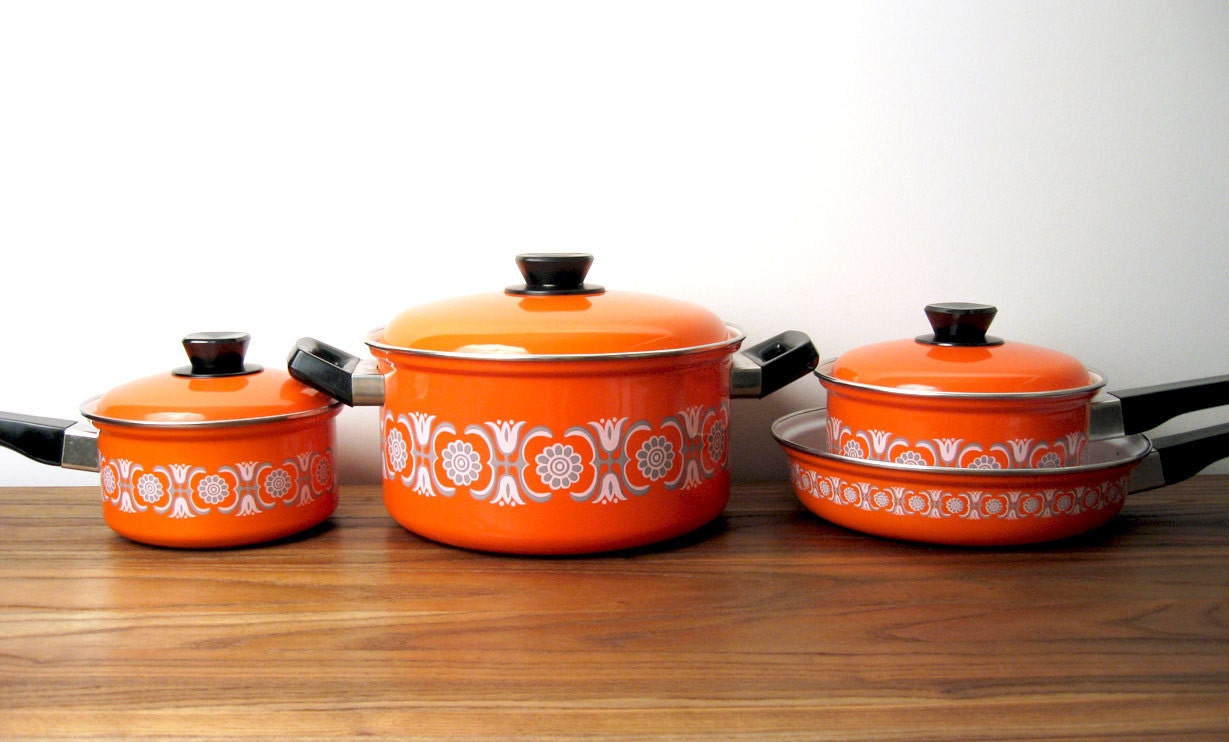 MidCentury Orange Enamel Cookware Set Etsy